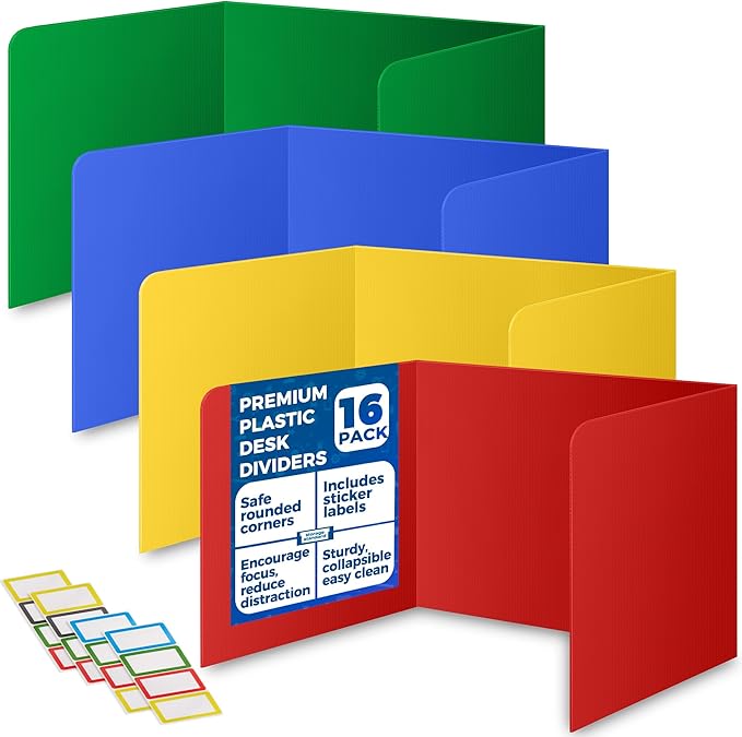 16-Pack Desk Dividers for Students - Durable & Waterproof Plastic Study Carrel Divider, Classroom Folders Teacher Supplies, Easy-to-Clean Plastic Privacy Shield Boards for Student Desks
