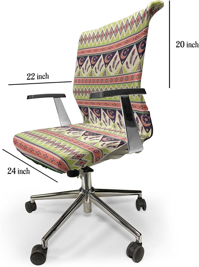 Ambesonne Aztec Office Chair Cover, Bohemian Composition of Crescent Stars and Feathers, Stretchable Decorative Universal Size High Back Printed Slipcover, Green Coral