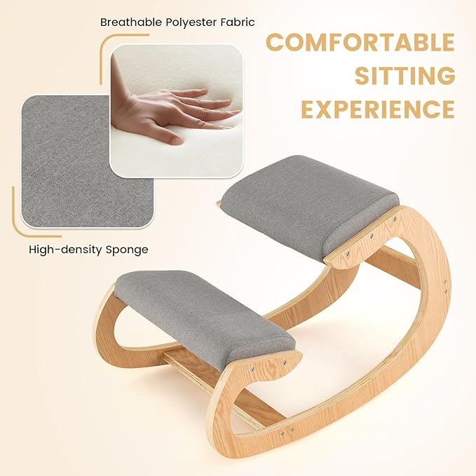 Giantex Ergonomic Kneeling Chair, Posture Chair for Desk with Cushion, Solid Wood Frame, Max Load 330 Lbs, Comfortable Ergo Rocking Kneel Chair for Office Home Study (Gray)