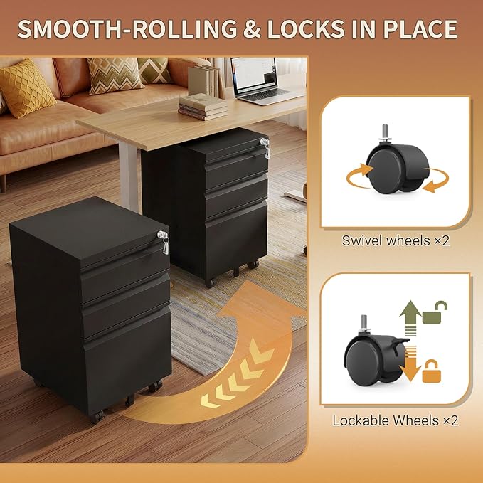 3 Drawer Metal File Cabinet with Lock and Wheels, Mobile Under Desk Filing Cabinet for Home Office, Lockable Organizer for Letter/Legal/A4, Rolling Storage Cabinet for Office & Study, Black