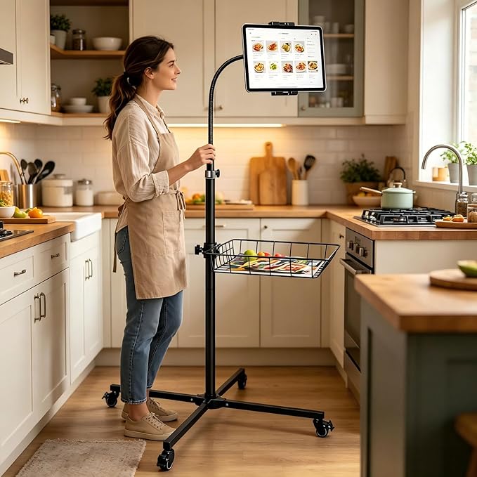 wishacc Rolling Tablet Floor Stand with Industrial Wheels & Storage Basket, Adjustable Height Gooseneck Tablet Stand Floor Holder for iPad Pro 12.9, Air, Mini, Cell Phones (Medium)