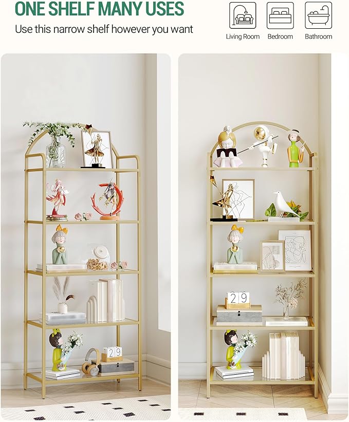 Hzuaneri Bookcase Bookshelf, Tempered Glass Bookshelves, Slim Shelving Unit for Bedroom, Bathroom, Home Office, Steel Frame, 5 Tier Gold BC21599G