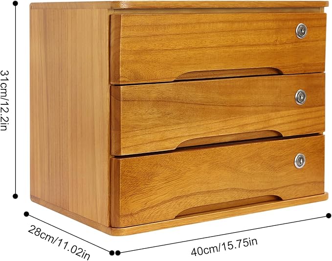 Wood Desk Organizer with 3 Drawers, Lockable Desktop Countertop Storage Cabinet for Home Office Supplies File Tabletop Organizing Unit, 15.75" x 11.02" x 12.2" (Brown)