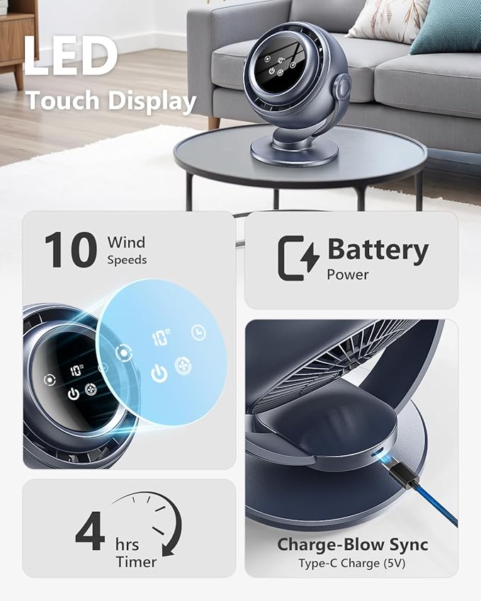 Desk Fan for Office, 90°Oscillating Fan with 6000mAh Rechargeable, 10 Speeds 4H Timer 270°Tilt Adjustment, 29dB Ultra-Quiet Portable Personal Table Fans, Gifts for Christmas Women Men Home