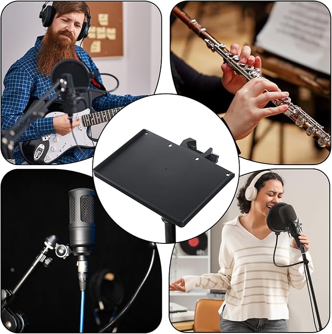 Microphone Stand Shelf Tray, 9.4" × 6.9" Plastic Shelf for Mic Stand Tray Clamp on Firm Rack Music Holder Adjustable with 4 Pound Capacity for Stage Music Sheet Recording Karaoke Podcast