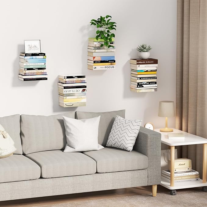 Mefirt Invisible Floating Bookshelves for Wall, 8 Tier Vertical Spine Book Tower, Heavy Duty Floating Book Shelves Metal Book Organizers for Home Office, 4 Pack(Black)