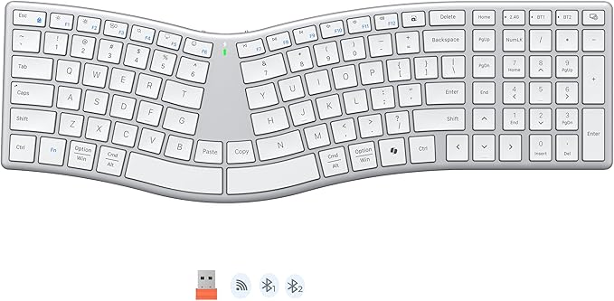 MEETION Wireless Ergonomic Keyboard, S-Curve Design Split Keyboard, 2.4G USB-A & Dual Bluetooth Keyboards, Slim Low-Profile Keys, Type-C Rechargeable, Full-Size Layout for Windows/Mac/PC/Laptop, White