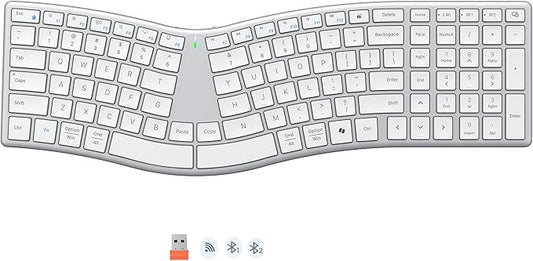 MEETION Wireless Ergonomic Keyboard, S-Curve Design Split Keyboard, 2.4G USB-A & Dual Bluetooth Keyboards, Slim Low-Profile Keys, Type-C Rechargeable, Full-Size Layout for Windows/Mac/PC/Laptop, White