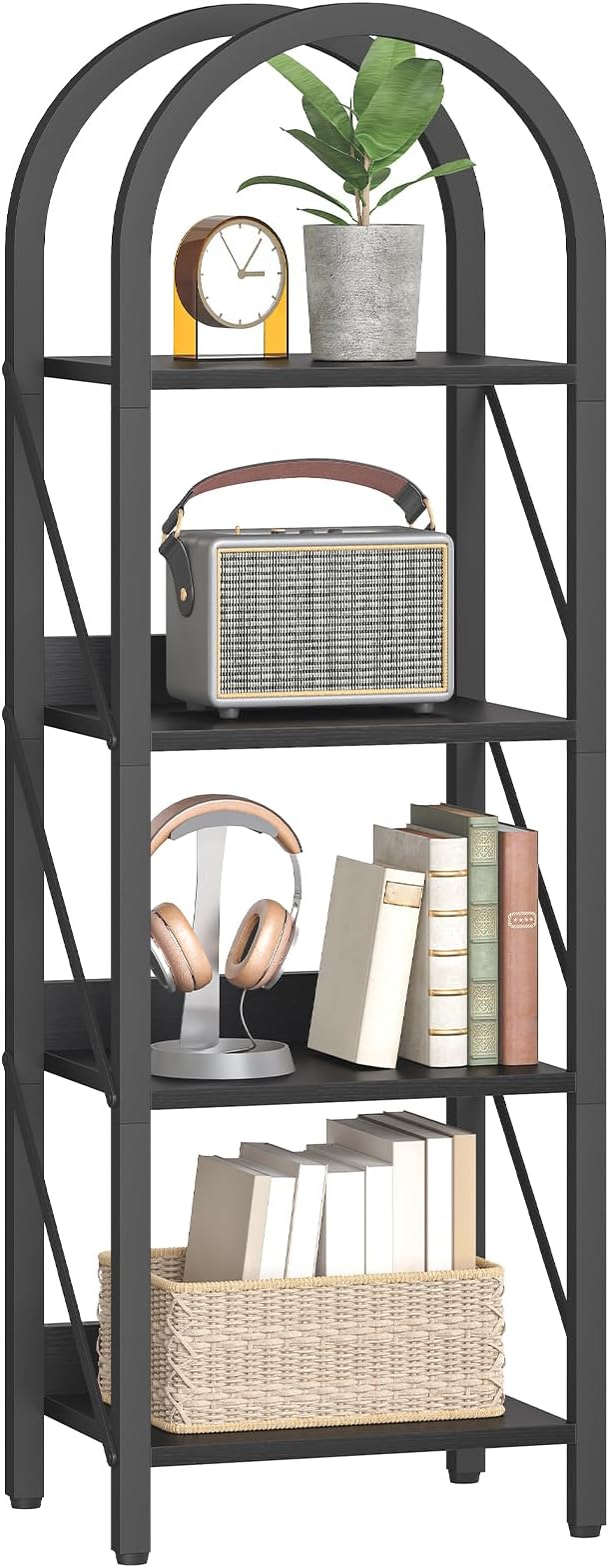 HOOBRO Bookshelf, 4-Tier Arched Bookshelf, Industrial Bookcase with Metal Frame, Small Book Shelf Storage Organizer for Living Room, Office, Bedroom, Black BB424SJ01