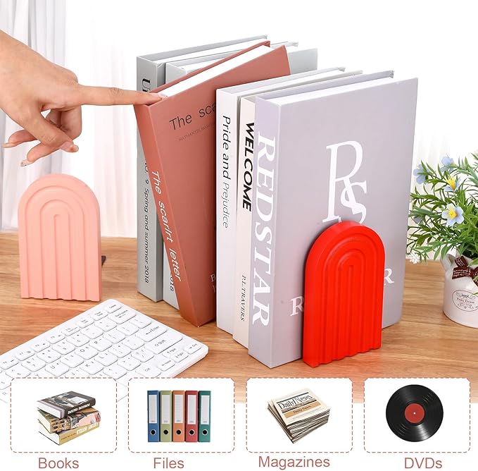 4Pcs Boho Arch Wooden Rainbow Bookends, Cute Book Ends for Shelves, Non Skid Wood Bookends for Kids, Colorful Book Holder Stand Stoppers for Heavy Books Home Office Back to School Library Kitchen
