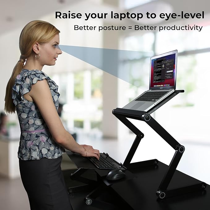 WorkEZ Adjustable Standing Desk Converter w/2 Fans & 3 USB Ports, Sit to Stand Desk Riser Monitor Standing Computer Desk, Height & Angle Negative Tilt