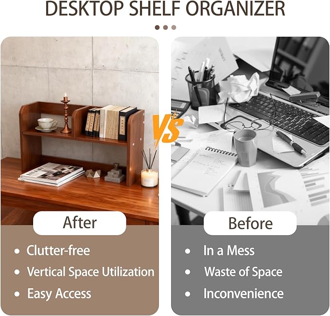 Desktop Bookshelf,Wood Desk Organizer Shelf with 2-Tier Display Rack for Computer Table,Multipurpose Countertop Storage Hutch for Home Office Dorm,Walnut