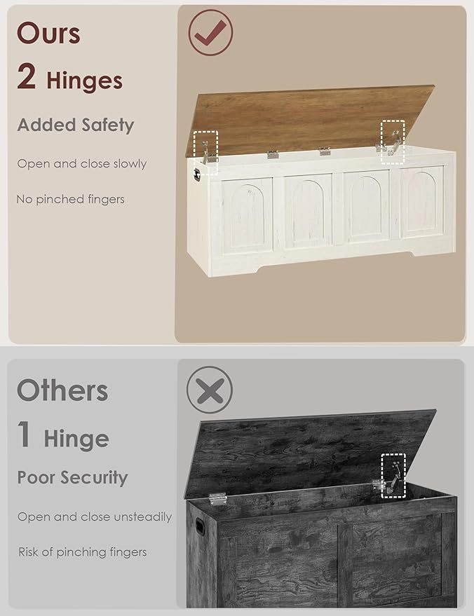 DINZI LVJ Storage Chest, 47.2”Wooden Storage Bench with 2 Safety Hinges, Farmhouse Toy Box with Flip-Top, Large Trunk for Living Room, Bedroom, Easy Assembly, Honey Brown and Rustic White