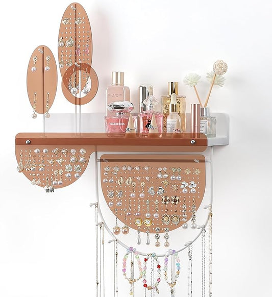 Keebofly Leaf-Shaped Wall Mounted Jewelry Organizer - Acrylic Earring Organizer with Shelf for 444 Earrings, Sturdy Jewelry Tower for Earring, Necklace, Bracelet, Gifts for Women & Girls