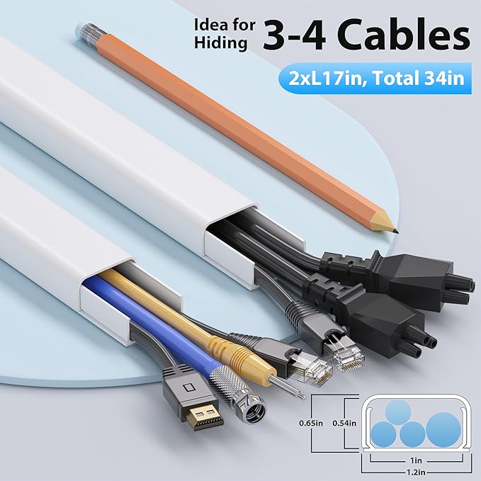 34in (2xL17in) Large Wire Hiders for TV on Wall for 3-4 Cords, TV Cord Hider for Wall Mounted TV, PVC Cable Cover Kit with Pre-Applied Adhesive Tape, Ideal for Wall Mounted TVs, W1.2in H0.7in White