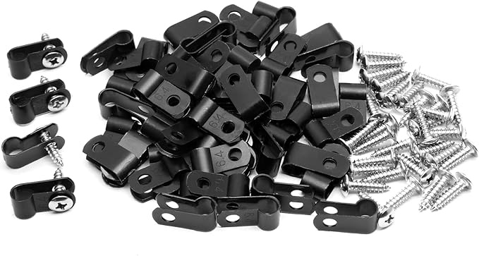 60pcs 1/4 Inch Nylon Cable Clamps, R-Type Wire Cable Clips with M4 Screws, Screw Mounting Cord Fastener Wire Conduit Clamp for Wire Management (Black)