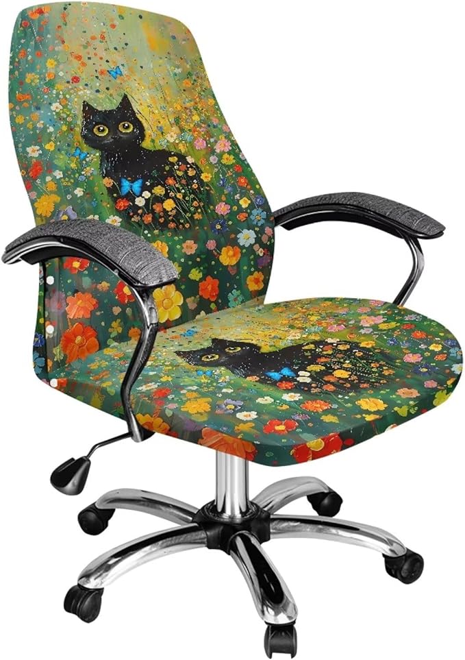 Talayituse Cat Butterfly Daisy Print Office Chair Covers, Stretch Computer Chair Cover, Universal Boss Chair Covers Modern Simplism Style High Back Chair Slipcover, Large