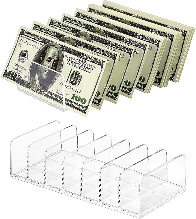 Hipiwe 2 Packs Mail Organizer Plastic Cash Tray for Desk - 7 Slots File Organizer Clear Desktop Bill Divider Holder for Paper Envelope Document Book Money Eyeshadow Makeup Palette