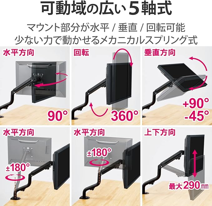 Elecom DPA-SL05BK Monitor Arm, Display Arm, Single Arm, Spring, Load Capacity: Approx. 4.4 - 17.6 lbs (2 - 8 kg),
