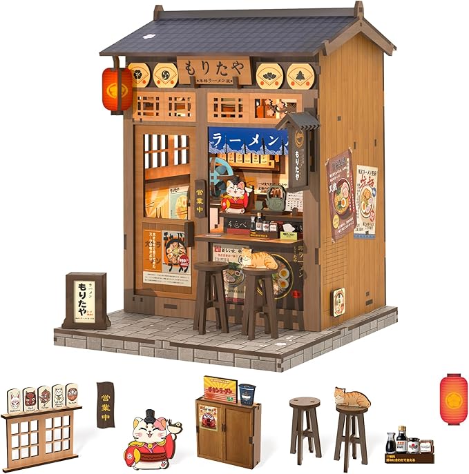 Fsolis Japanese Book Nook Kit - DIY Miniature Mini House Japan 3D Wooden Puzzles for Adults Booknook Noodle Shop Bookshelf Diorama, Gifts for Women Book Lovers (Morita-Ya Ramen)