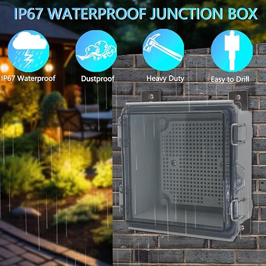IP67 Waterproof Junction Box, ABS Plastic Electrical Enclosure with Stainless Steel Latch, Hinged Cover Electric Box with Mounting Plate, Wall Brackets & Cable Glands 290x190x140