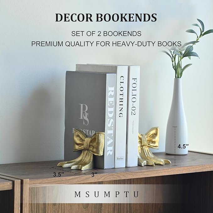 Metal Bookends Set of 2, Heavy Duty Book Ends for Heavy Books, Gold Decorative Bookends for Shelves Desk Office Home Decor
