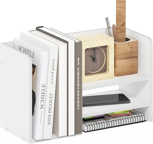 Furinno HERMITE Desk Organizers, Office Organization with Accessories and Vertical File Holder, Desktop Book Shelf, for Office Supplies, Desk Accessories, for Study Room, Dorm, White