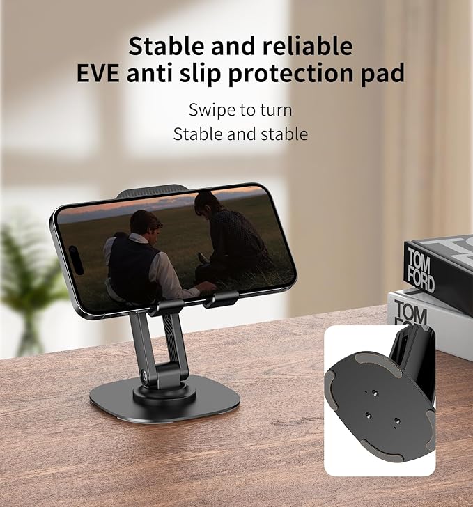 360° Rotating Cell Phone Stand for Desk, Adjustable & Foldable Phone Holder, Aluminum Desktop Phone Stand with Anti-Slip Base, Compatible with iPhone, iPad, Android Phones, K69-Black