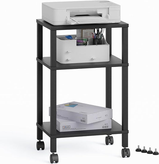 3-Tier Printer Stand with Storage, Mobile Printer Cart with Rolling Casters and Adjustable Feet, Under Desk Storage Shelf for Home Office, Black, 15.7" x 11.8" x 25.9"