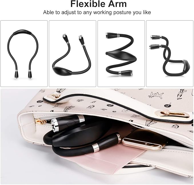 LED Neck Book Light USB Rechargeable, Hands Free, 4 Super Bright LED Bulbs, 3 Adjustable Brightness, Best for Reading in Bed, Knitting, Walking, Jogging, Mending in Night (Black)