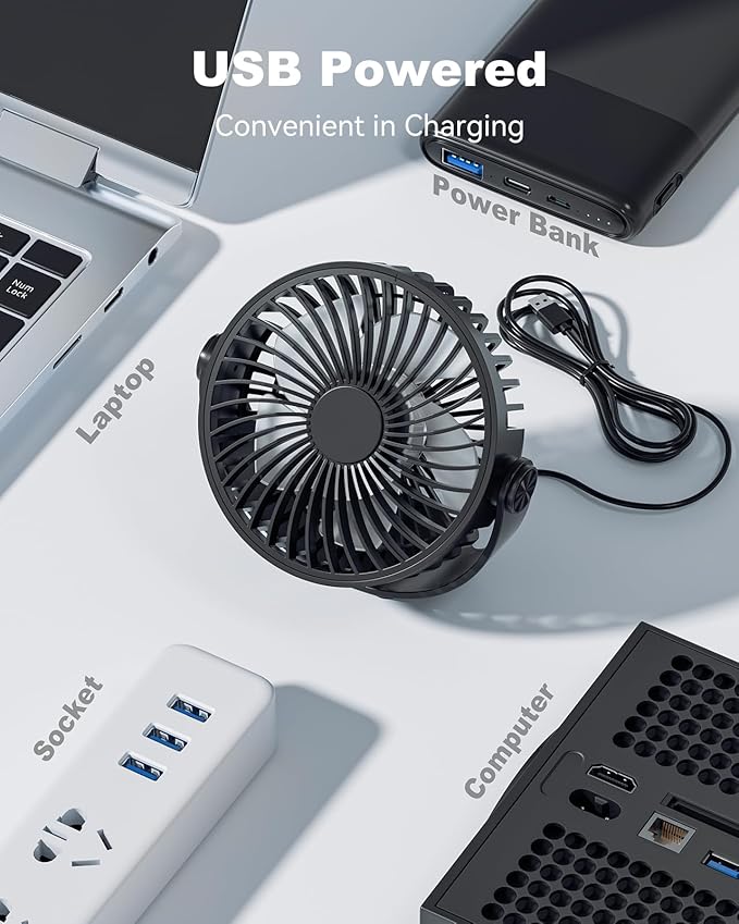 Edvision USB Desk Fan, 5 Inch Mini Portable, 3 Speeds Strong Airflow Personal Desktop, Detachable Cooling Fan 360° Rotation Quiet Small Fan for Desk Home Office Travel Car, Black, 5ft Cable