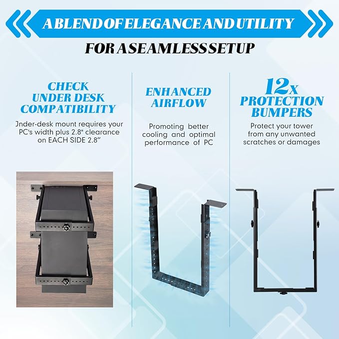 Under Desk PC Mount for Medium/mini-Tower Cases - Vertical/Horizontal CPU Holder up to 77 Lbs, Space-Saving Computer Rack