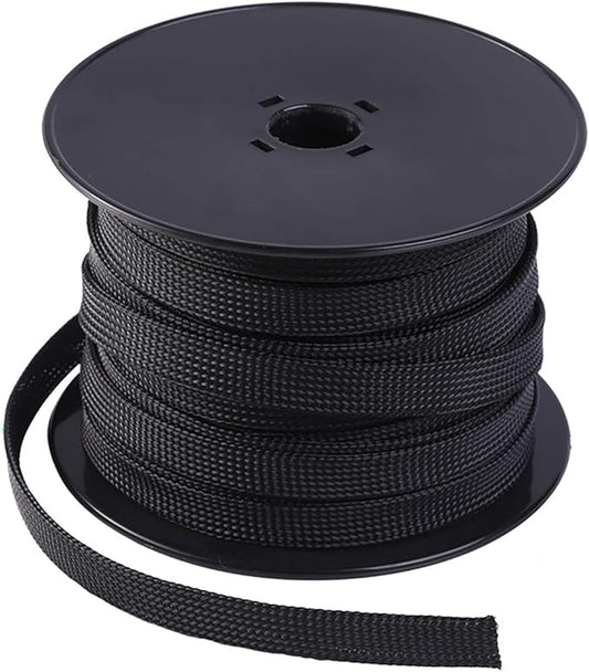 Keco 100ft – 1/4 inch PET Braided Expandable Cable Sleeve – Wire Sleeving for Audio Video and Other Home Device Cable Automotive Wire - Black