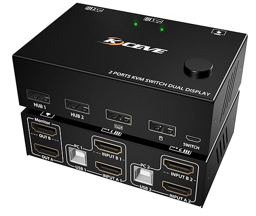 KCEVE KVM Switch 2 Monitors 2 Computers, HDMI KVM Switch Dual Monitor for 2 Computer Share 2 Monitor and 4 USB Devices, 4K@30Hz 1080P@120Hz, with Wired Remote, USB Cable(4K HDMI 2 in 2 Out KVM)