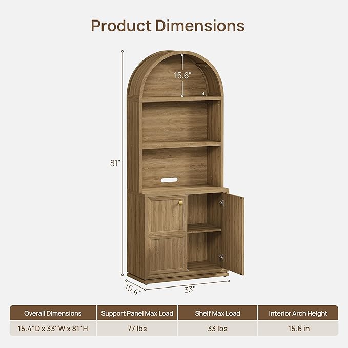 SICOTAS 81" Tall Arched Bookcase with Doors, Large Bookshelves with Storage, Modern 5-Tier Arched Cabinet with Adjustable Shelves & Cable Management for Home Office, Library, Brown Oak, 3 PCS