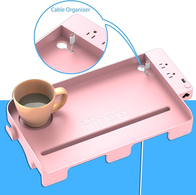 Hiree Bedside Shelf for Dorm Bunk Bed with USB Charging Port and 2 AC Outlets, Bed Side Table Tray Organizer, College Dorm Essential Clip On Bedside Tray, Loft Nightstand Decor, Plus Size, Pink