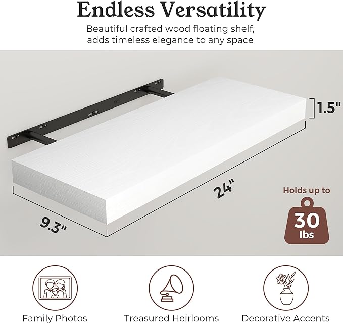 White Floating Shelves for Wall, 9.3" Deep Wall Mounted Wood Shelves for Bathroom, Bedroom, Living Room, Kitchen, Hanging Shelf for Books/Storage/Room Decor (White, 24")