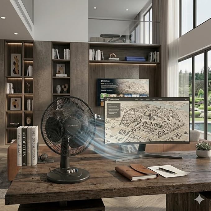 Comfort Zone 16-Inch Oscillating Table Fan – Large 3-Speed Quiet Desk Fan with Wide-Area Oscillation, Adjustable Tilt & Metal Safety Grill – Ideal for Home Office, Bedroom & Dorm