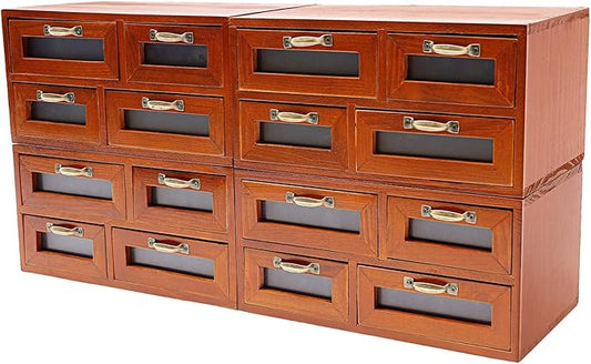 4 Pcs Vintage Wooden Storage Box, 16 Drawer Desktop Organizer for Home Office Organization, Brown Storage Cabinet for Storing Small Items like Cosmetics and Cards
