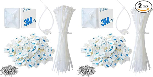 3/4" 3M Back-Glue Self Adhesive White Strong Cable Zip Tie Mounts 100pcs with 8" Ties, Screws, Outdoor Sticky Wire Fasteners Cable Clips Management Anchors Organizer Holders Squares (Pack of 2)
