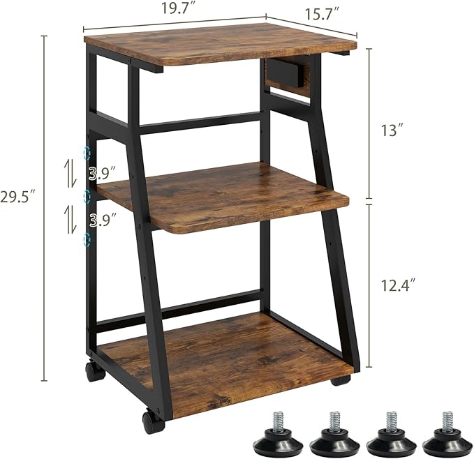 Natwind 19.7"x15.7" Printer Stand,3 Tier Printer Table with Charging Station, Rolling Cart with Adjustable Storage Shelf for Home Office Organization, Stand for Heat Press,3D Printer (Retro)