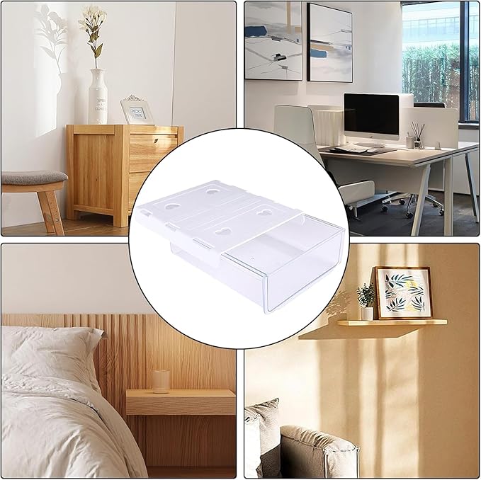 Self-adhesive Under Desk Drawer Organizer, Table Hidden Slide Out Large Storage Mounted Desktop Pencil Holder Tray Drawers for Office Home School Stationery Kitchen (White)