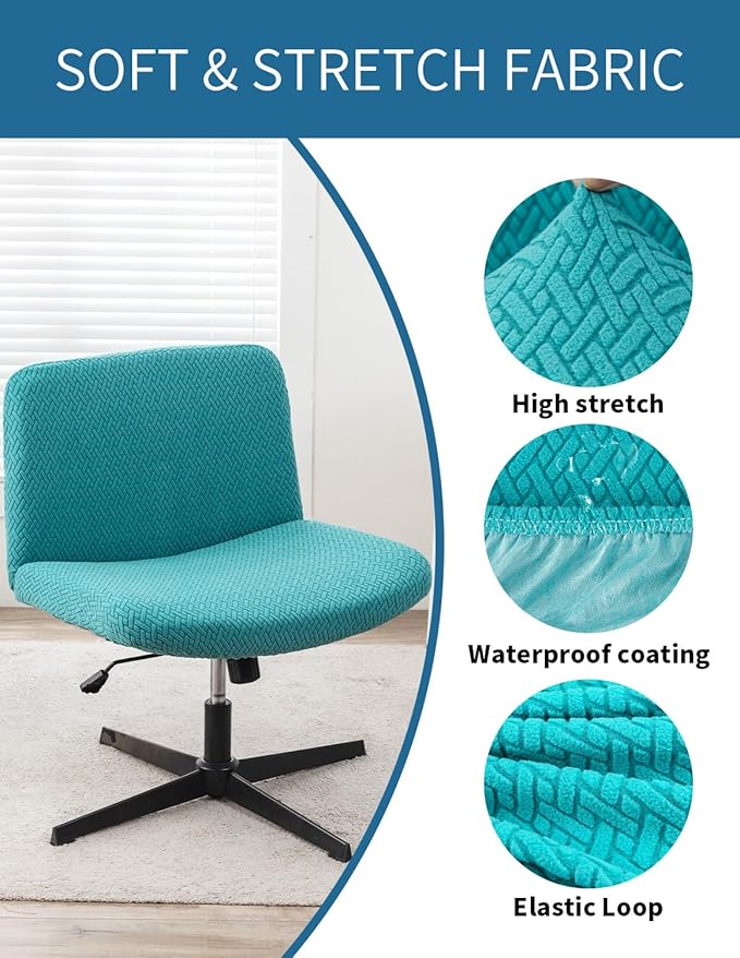 LavishCover Armless Chair Cover Office Desk Chair Cover, Waterproof and Elastic Criss Cross Chair Cover, Exquisite Vanity Chair Cover, Mid Back Wide Seat Accent Chair Covers(Peacock-Blue,T-Type)