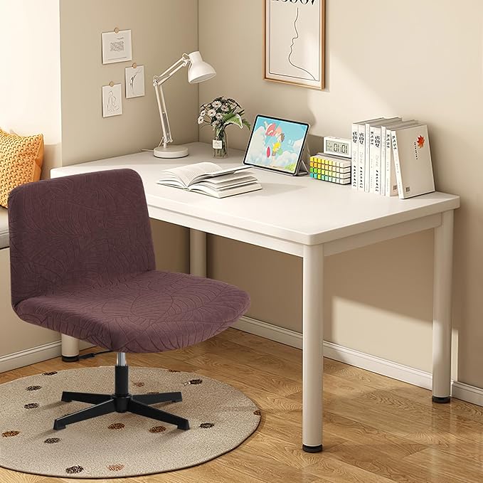 Fuloon Criss Cross Chair Cover, Waterproof, Stretchable, Solid Jacquard, Suited for Armless/Office/Desk/Mid Back Wide Seat/Computer/Task/Vanity/Accent Chair (Leaves -Shaped Jacquard, Brown)