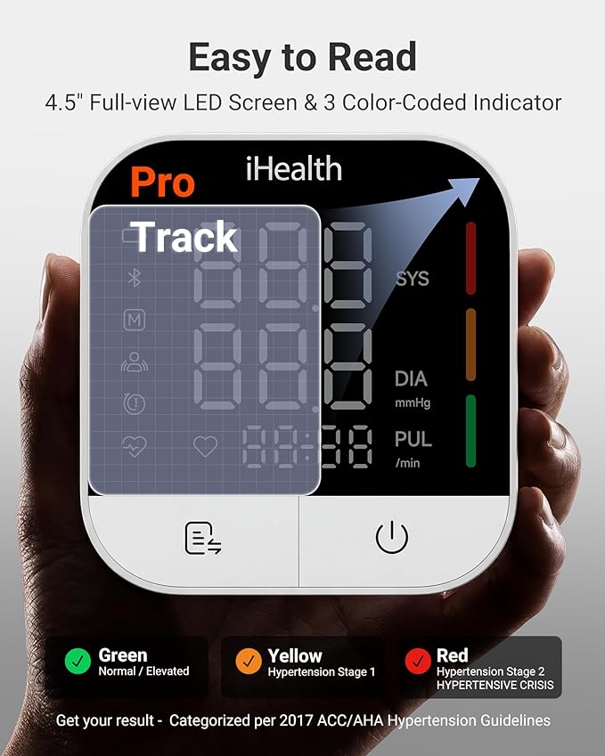 iHealth Track Pro Upper Arm Blood Pressure Monitor, Full-View LED Screen, Body & Cuff Detection, App-Enabled for iOS & Android, Adjustable Cuff Large Adults Arm Friendly