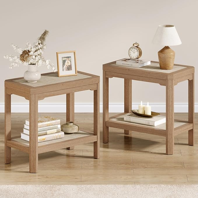 Eclatara Rattan Night Stand Set of 2 - Farmhouse 2 Tier End Table for Bedroomoom - Accent Side Table wtih Open Storage Shelves for Small Space Narrow Coffee Table Bamboo, Natural Oak