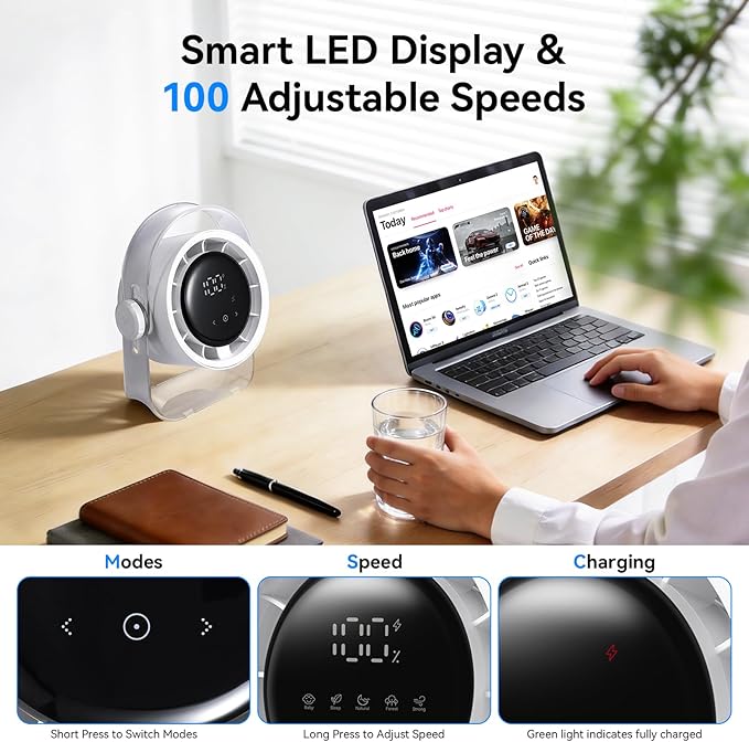 VAVOFO Desk Fan, Small Quiet LED Display Portable USB Fan, 180°Tilt, 100 Speeds, 5 Modes, Rechargeable 3600mAh Battery Operated Table Fans For Office, Bedroom, Outdoor（White）