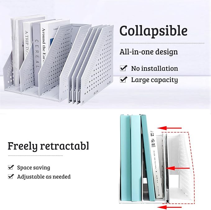 Marte Vanci Collapsible 3 Compartment Magazine Holder Desktop Adjustable Sturdy File Dividers Document Cabinet Rack Display (Light Gray 3 Compartment)