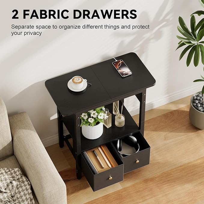 HLDIRECT Nightstand with Charging Station, Bedside Table with 2 Fabric Drawers and Large Storage Shelf for Small Space, End Table with Outlet and USB Ports for Living Room, Bedroom (Black)