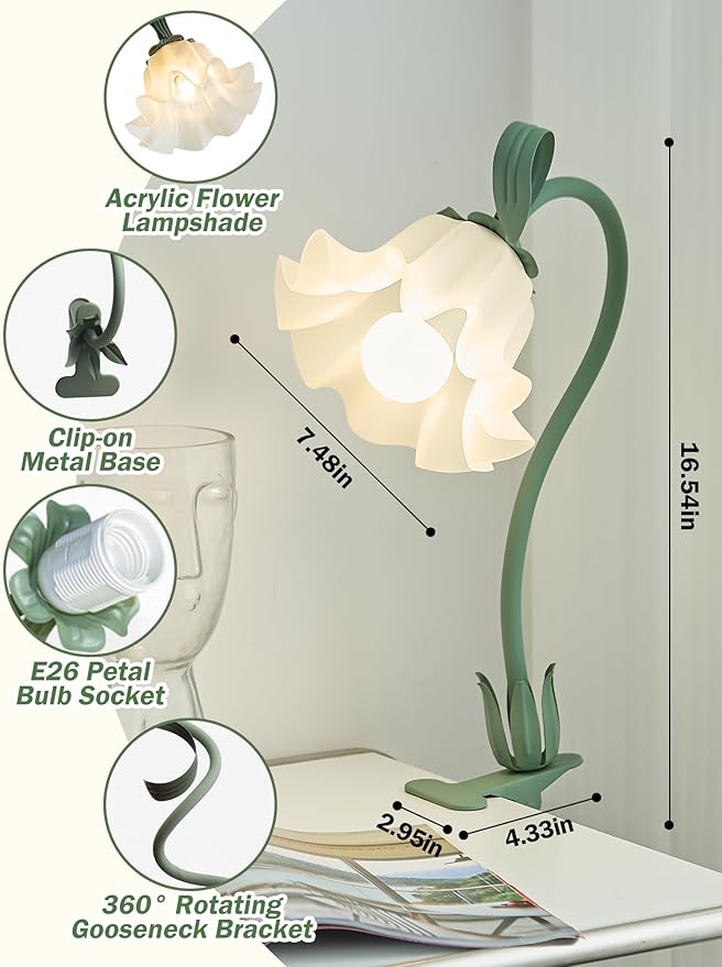 Flower Desk Lamp,LED Reading Light 360°Rotation Clip on Light,3 Color Modes Book Lights,Vintage Flower Bedside Lamp for Bed Headboard Bedroom College Dorm Office Lighting Desk Light Home Decoration